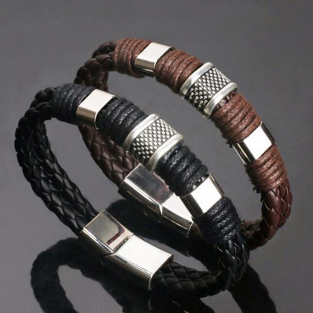 Gentleman Leather Titanium Steel Braided Clasp Bangle Bracelet for Men and Women  Retro Bangles Bracelets Jewelry