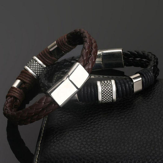 Gentleman Leather Titanium Steel Braided Clasp Bangle Bracelet for Men and Women  Retro Bangles Bracelets Jewelry