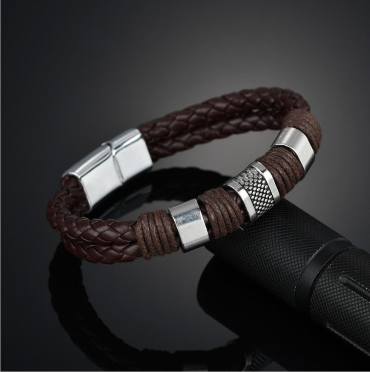 Gentleman Leather Titanium Steel Braided Clasp Bangle Bracelet for Men and Women  Retro Bangles Bracelets Jewelry